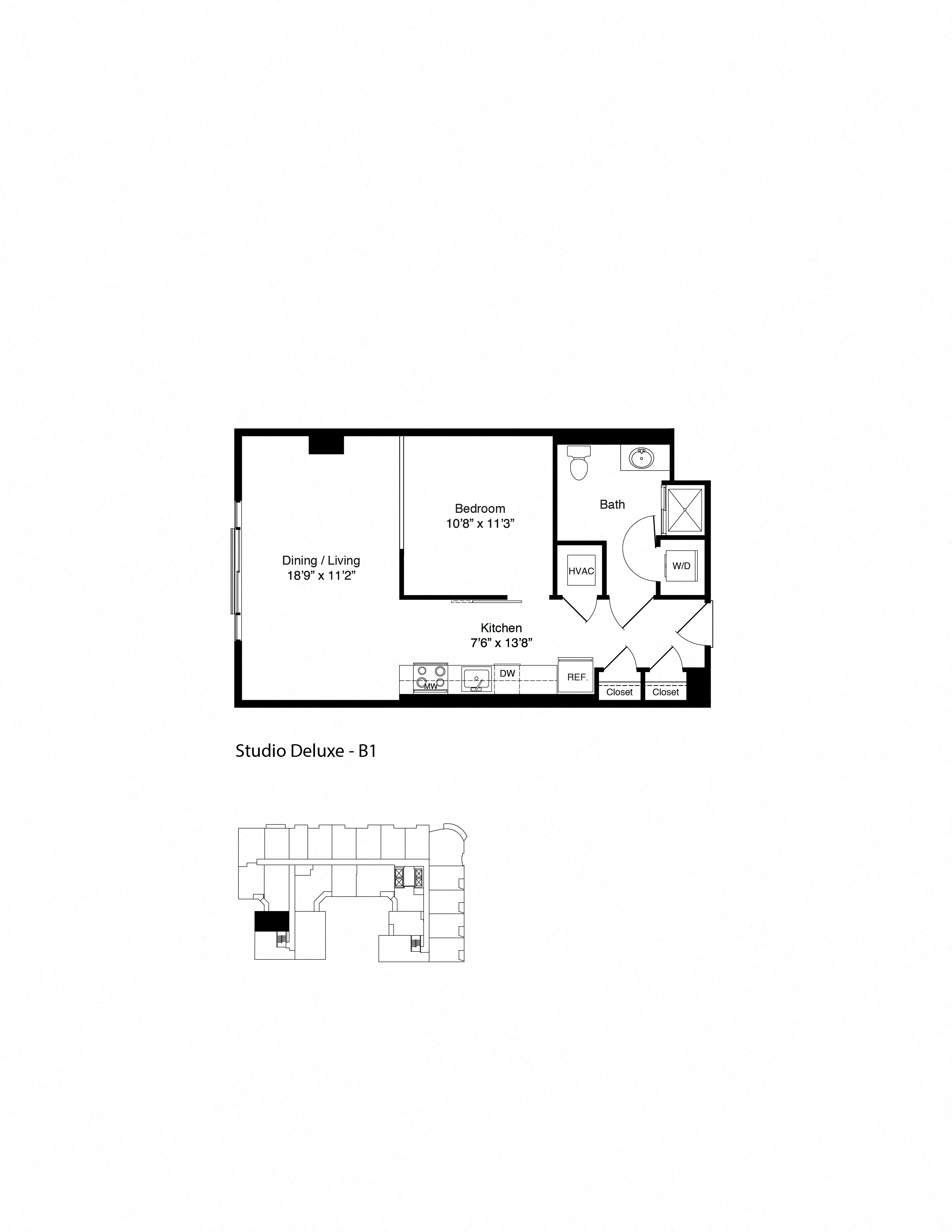 Floor plan for studio, 1 bath, 657 sqft